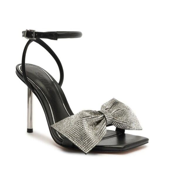 SCHUTZ Shoes - Schutz Nappa Leather Mila Sandals Women's Sz 8 B Black Silver Metallic Gem Bow